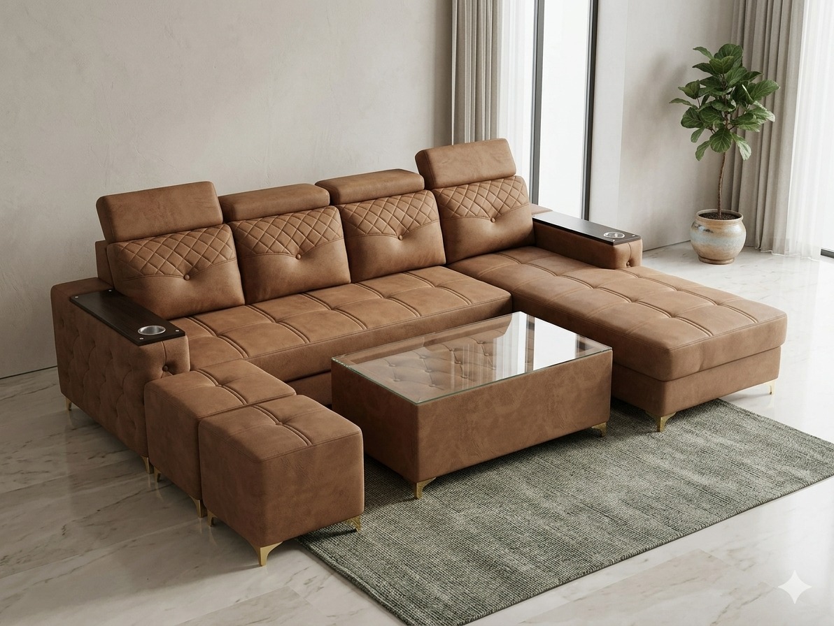 Premium Caramel Tufted L-Shape Sofa with Cup Holders & Glass Center Table