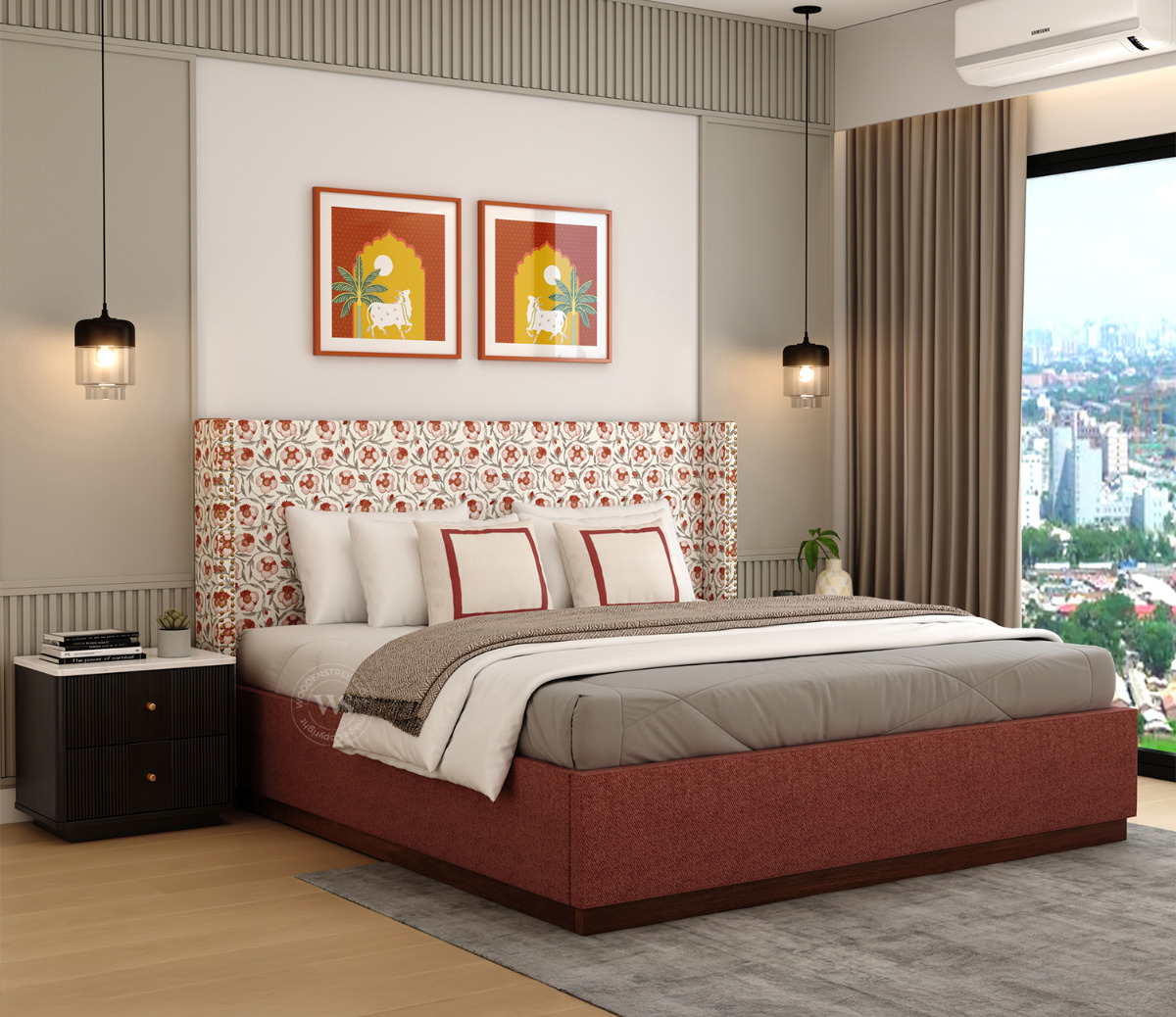 Kesarth Luxe Fabric Bed with High Rise Headboard & Storage (Queen Size, Red Upholstery)